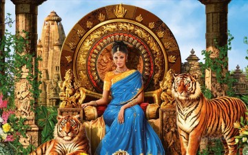 Indian Painting - from India lady and tigers